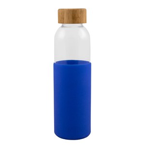 EgotierPro 50019 - Bouteille en verre 500 ml, capuchon bambou et gaine silicone GIN Bleu