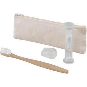 EgotierPro 53032 - Kit dentaire : brosse à dents et sablier, pochette coton Blanc