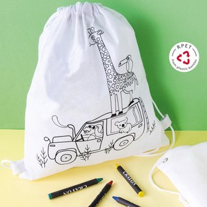 EgotierPro 52046 - Sac RPET blanc avec dessin animaux et 4 crayons SAFUN